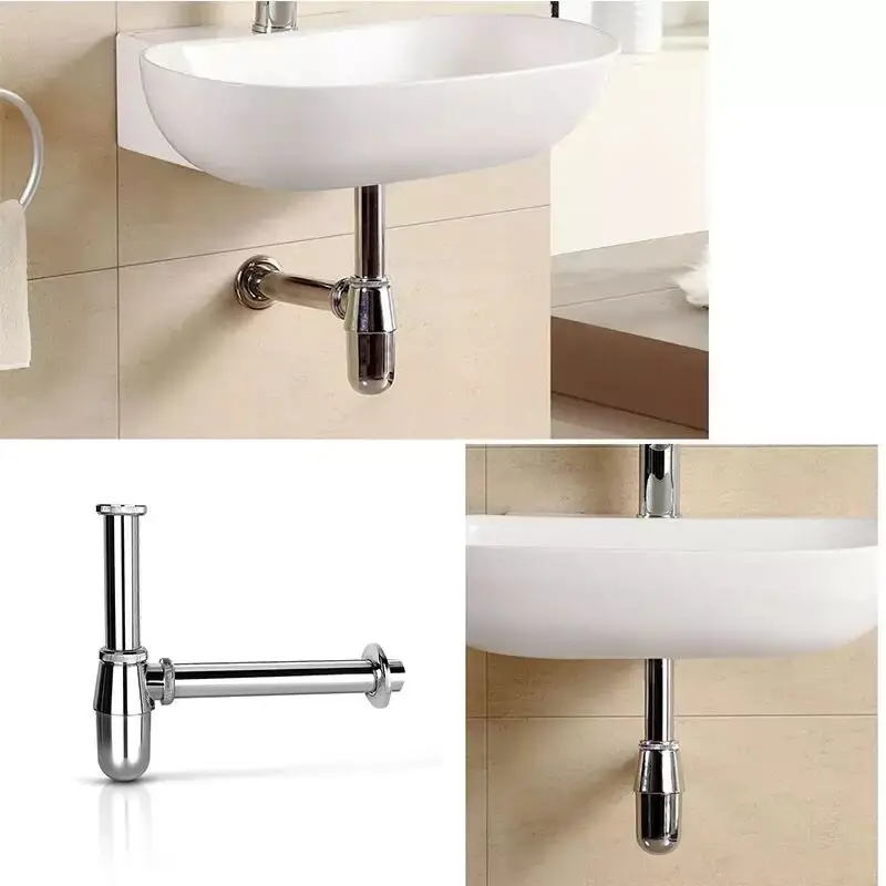 Silver Brass Basin Pop up Drain with Bottle Trap Bathroom Sink Filter Siphon Kitchen Accessory P-TRAP Pipe Drain Kit