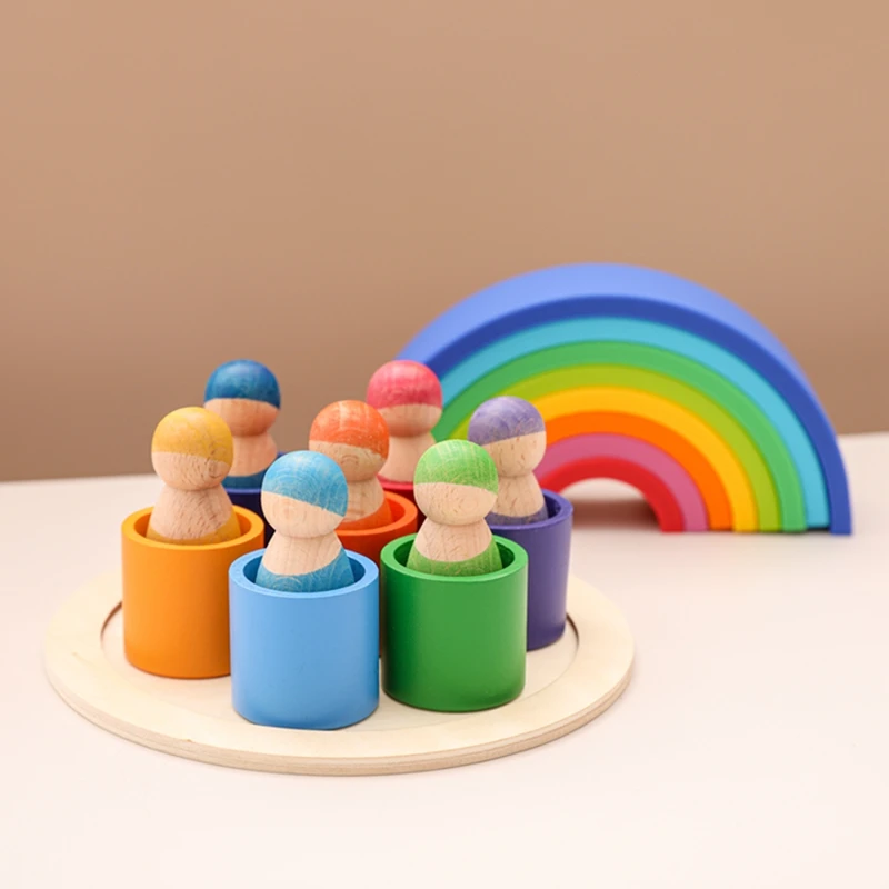 1Set Kid Color Montessori Toys Rainbow Building Blocks Dolls Children Educational Wooden Building Blocks Villain Set Kid Gifts