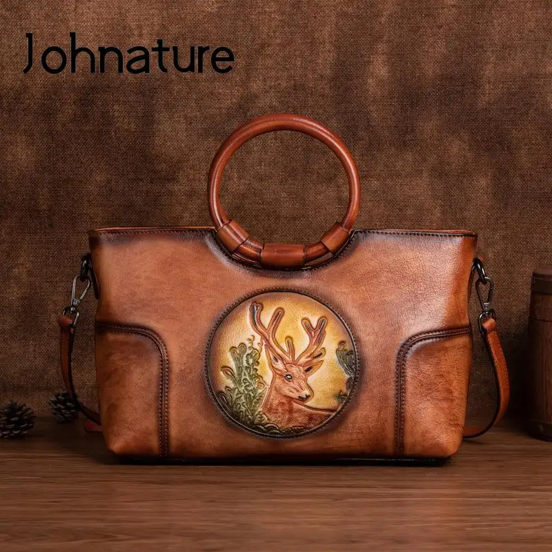 

Johnature Vintage Natural Cow Leather Women Bag 2024 New Deer Embossed Versatile Large Capacity Leisure Handbag Shoulder Bags