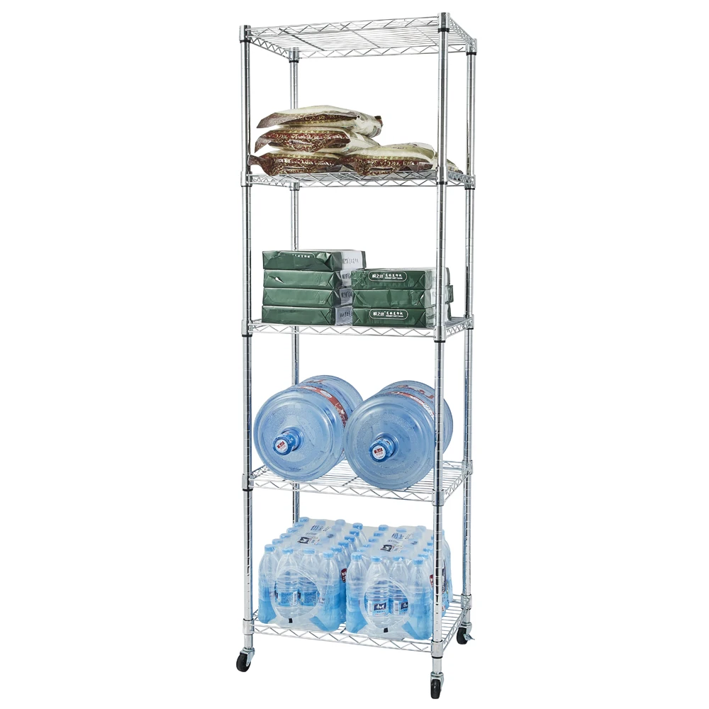 5-Tier Solid-Steel Wire Shelving Unit Heavy Duty Storage Rack Stand Chrome-Plated with Wheels for Garage Office Warehouse [US-W]