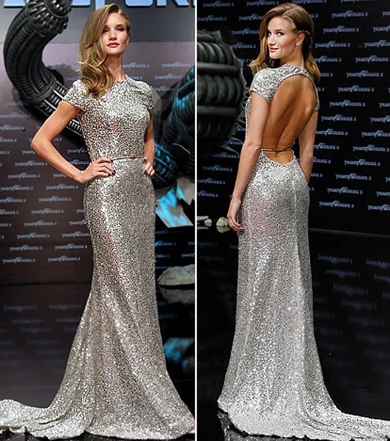 Vestido De Festa 2023 Longo srebrny cekin z krótkim rękawem kobiety sexy bez pleców, długa Party mermaid prom suknia wieczorowa sukienki druhen