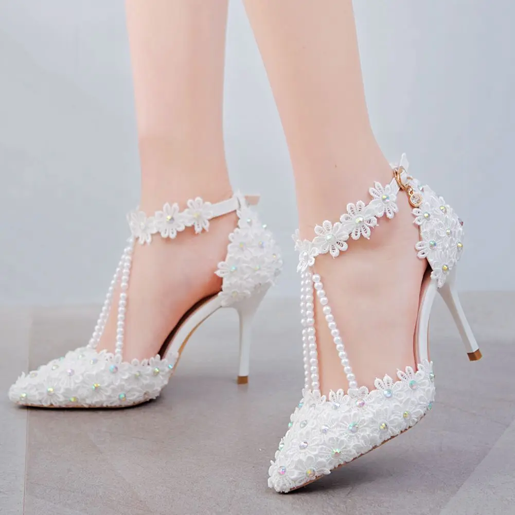 Crystal Queen White Rhinestone Lace Tassels Bead Bridal High Heels Women Dress Shoes Party Wedding Shoes