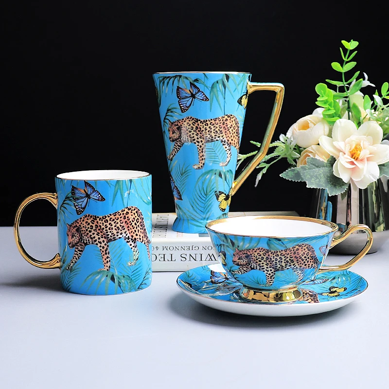 Europe Luxury Bone China Coffee Mug Cup Set, Leopard Forest Cheetah Water Drinking Glasses, Teacup Home Drinkware Gifts