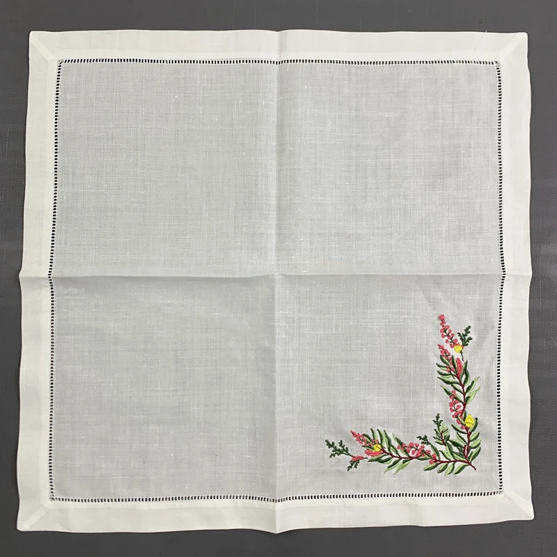 12 PCS Wedding Napkins White Hemstitched linen Table Napkin With Color Embroidered Floral Dinner Napkins 18x18-inch