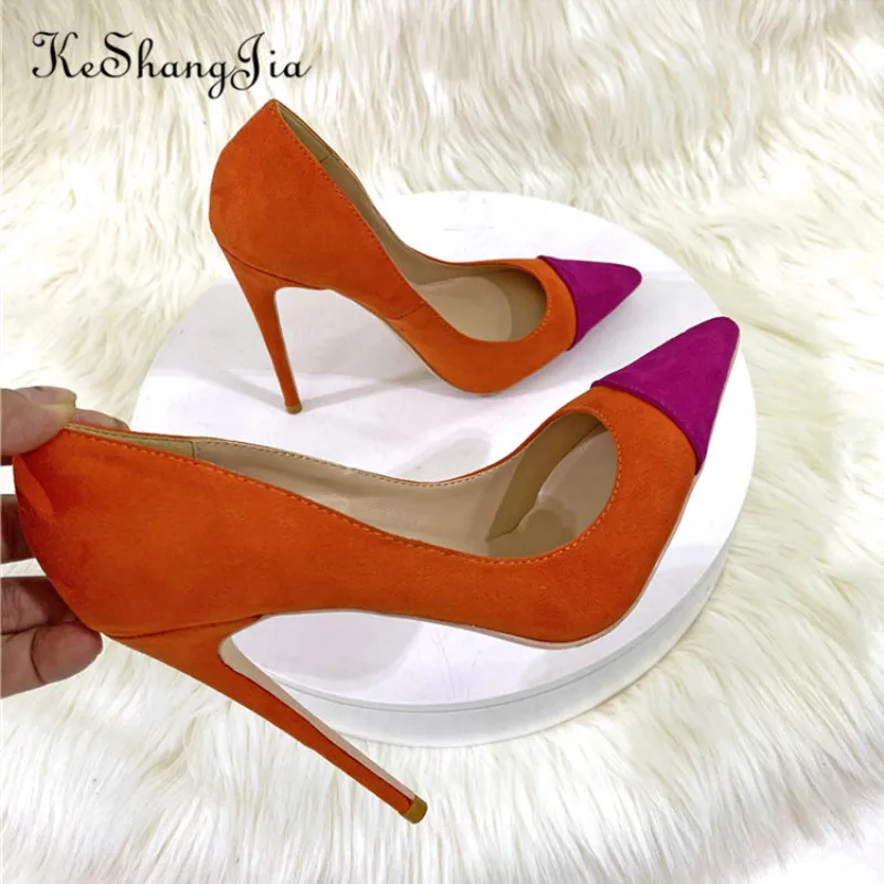 Ke Shang Jia Orange Roes  Patchwork Women Flock Pointy Toe 8-12cm High Heel Shoes Faux Suede Elegant Stiletto Pumps Size33-46