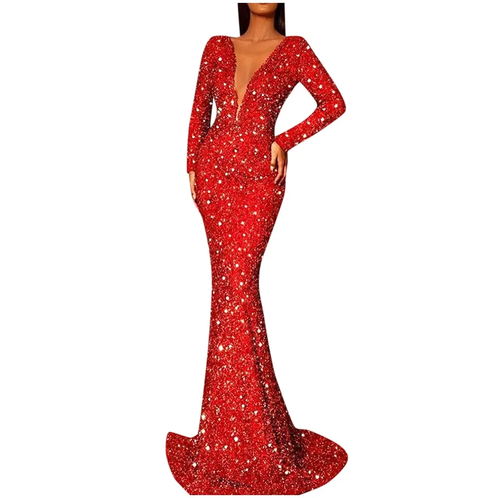 Seksowna sukienka z głębokim dekoltem w szpic z cekinami Czerwona sukienka bodycon Night Club Prom Wedding Party Dresses Women Evening Elegant Long Maxi Dress — zdjęcie 3