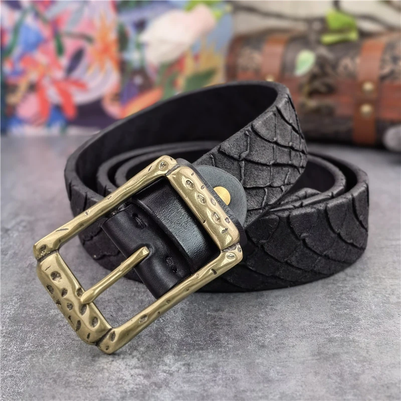 Hand Carving Luxury Double-Sided Use Leather Belt Men Ceinture Homme Thick Genuine Leather Belt Men Retro Brass Buckle MBT0606