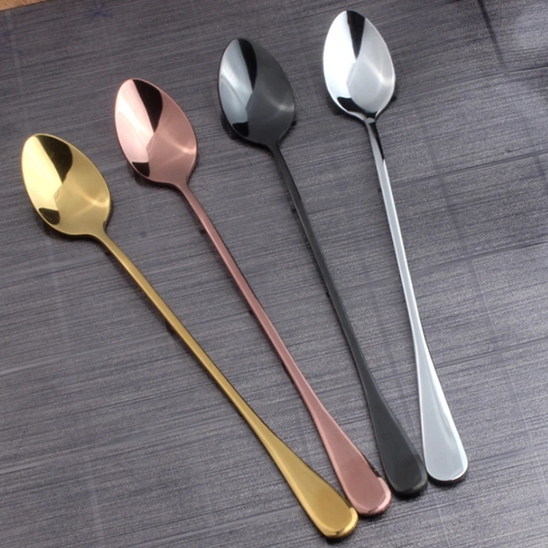 

1000pcs/lot Stainless steel spoon golden black colorful silver electroplated long ice spoon stir coffee spoon tableware