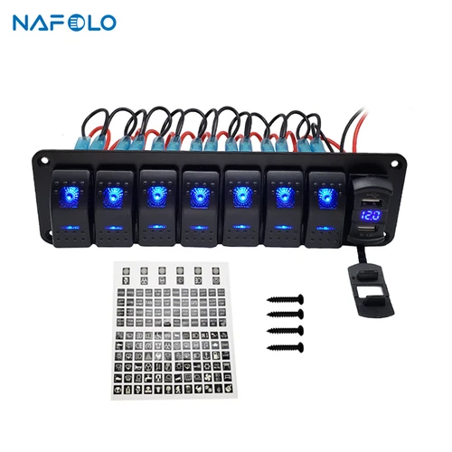 Panel de interruptor basculante para barco marino, 8 entradas, LED, 12V/24V, disyuntor, ranuras USB duales, Luz