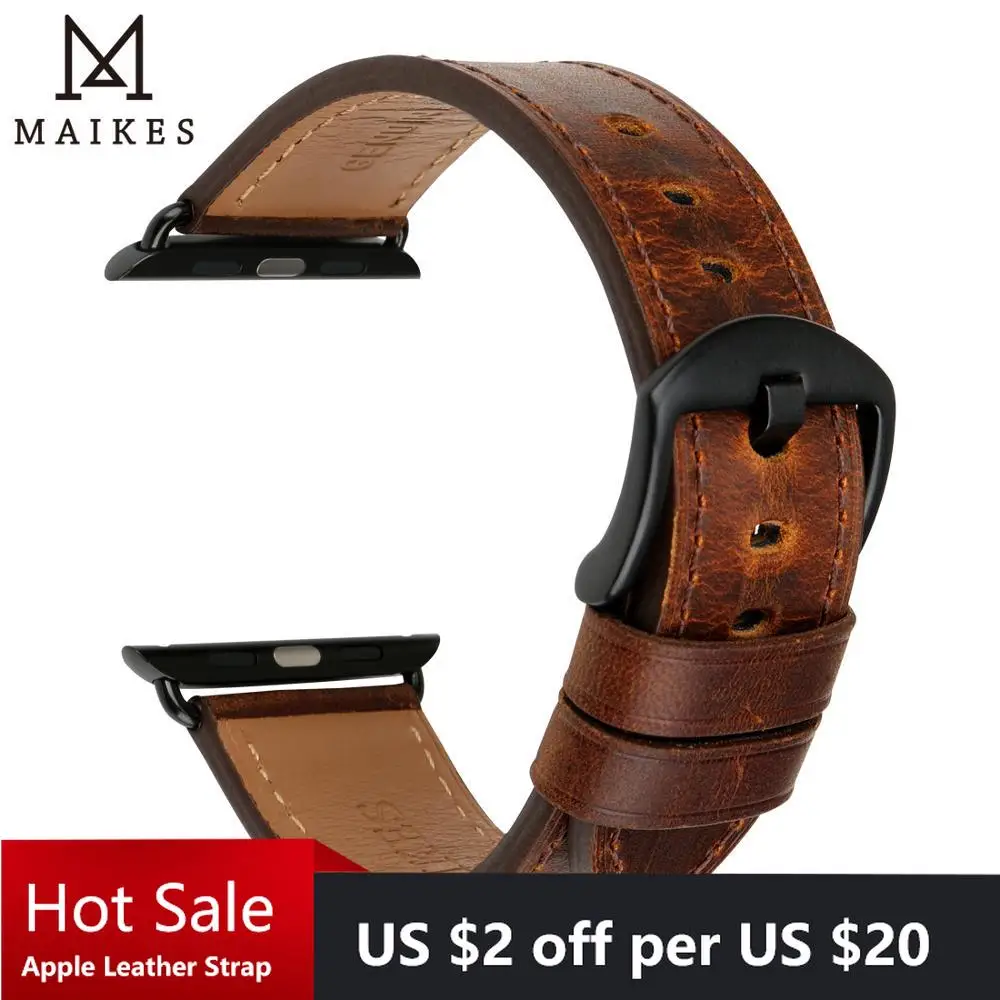 MAIKES Watch Accessories Genuine Leather For Apple Watch Band 45mm 44mm 41mm 38mm For iWatch Bands Series 7 6 5 4 Watch Strap