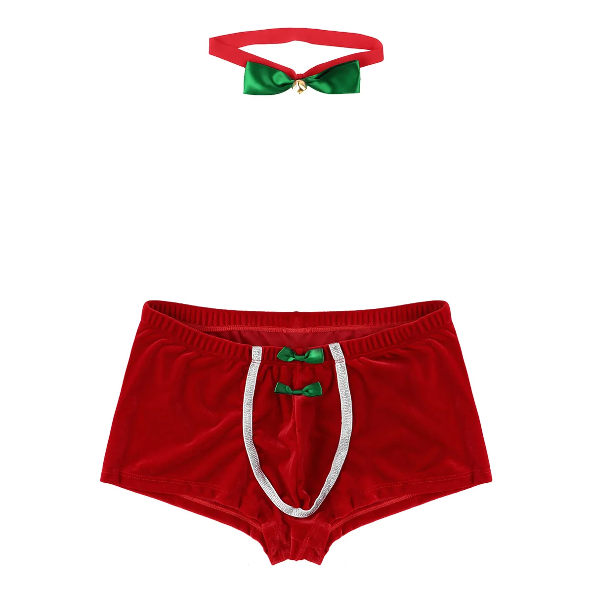 Men Lingerie Red Soft Velvet Christmas Underwear Fancy Costume Sexy Boxer Shorts Male Panties Festival Rave Bowtie Underpants