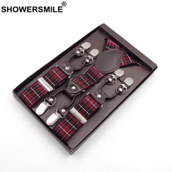 Showersmile suspensórios de calças dos homens britânico vermelho xadrez suspensórios 6 clipes jacquard negócios formal elástico couro masculino calças cinta