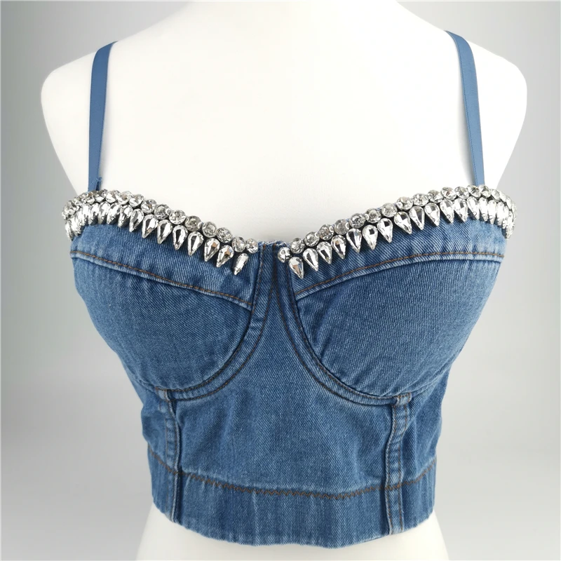 Hand Made Diamond Cowboy Push Up Denim Bustier Tops Vrouwelijke Ripped Sexy Cropped Feminino Strappy Bralette Bh Camis Tops Gewassen