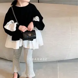 Girls Baby Shirt 2021 Spring New Cute Black and White Stitching Korean Children Design Top