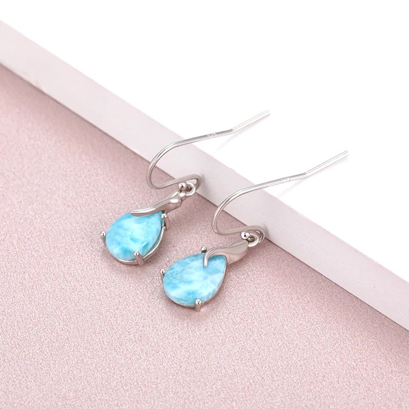 New Fashion Women Streamlined Long 925 Sterling Silver Jewelry Girl Natural Precious Larimar Earrings