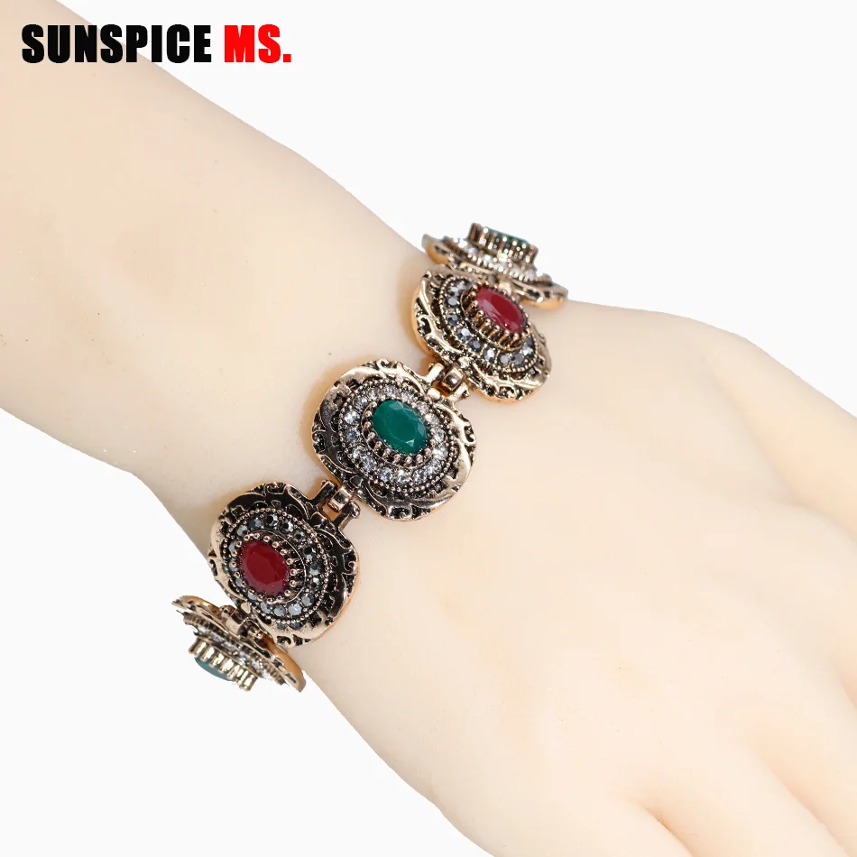 Sunspicems Vintage Crystal Link Bracelet for Women Antique Gold Color Round Resin Bohemia Ethnic Wedding Jewelry Friend Gift