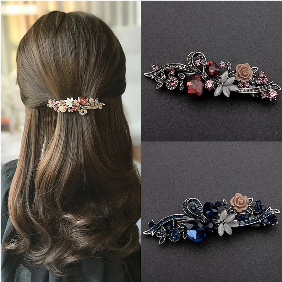 Fashion Shiny Crystal Hair Clips Vintage Spring Hairpins Leaf Flowers Barrettes Elegant Women Headwear Luxury Hair Accessories