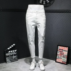 Frayed White Hole Jeans Men Stretch Slim Denim Pencil Pants Summer Preppy Style Zipper Casual Ankle-Length Pants Plus Size 42