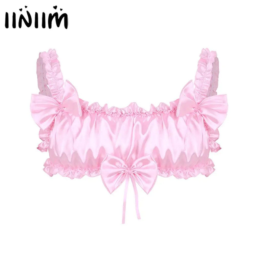 Mens Lingerie Sissy Bra Top Smooth Satin Ruffled Frilly Elastic Wide Straps Backless Wire-free No Pads Bra Top with Bowknots