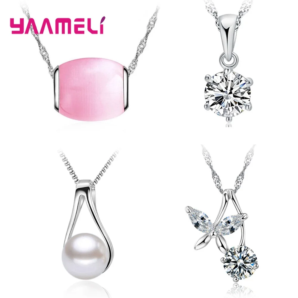 4PCS Lot 925 Sterling Silver Color Jewelry Pendant Necklace Cubic Zircon Pearl Cat Eye Bead Collar 18 Inch Nice Birthday Gift