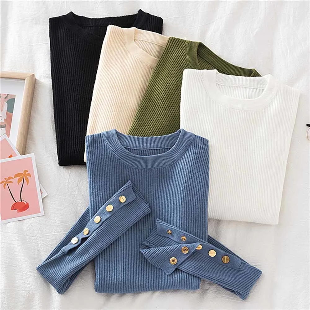 

casual autumn winter women thick sweater pullovers long sleeve button o-neck chic Sweater Female Slim knit top soft jumper tops
