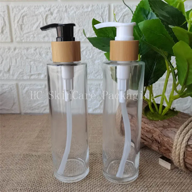 Wholesale 70pcs/lot 150ml 5OZ Clear Glass Cosmetic  Lotion Bottle with bamboo cap Soap Dispenser bottle with Bamboo Pump