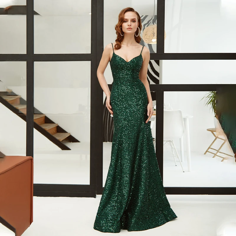 

Dark Green Mermaid Sequined Prom Dresses Spaghetti Straps Evening Gowns Shiny 2022 Women Formal Party Dress