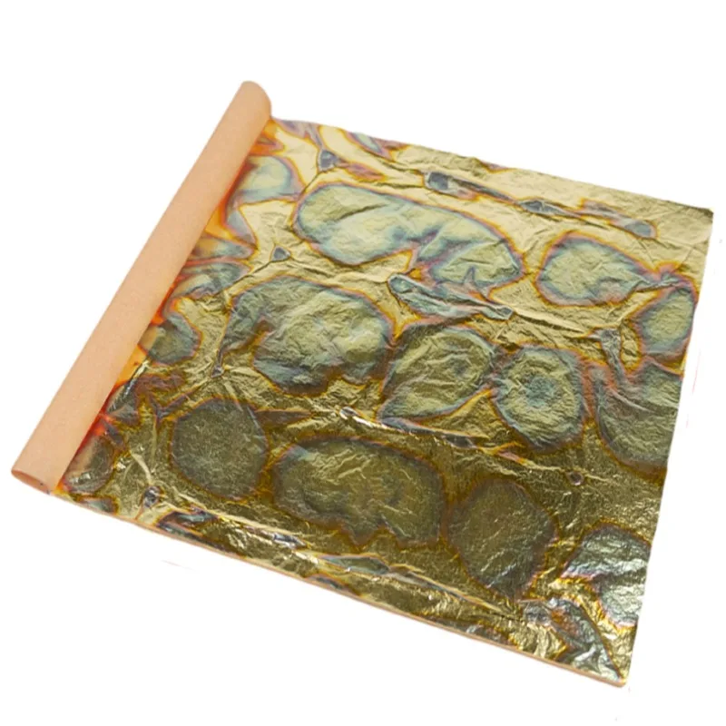 DIY 5 sheets green variegated gold fossil leaf booklet packing for gilding with furniture, size 14x14cm