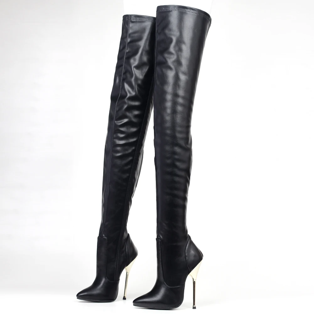 JIALUOWEI 36-46 Big Size PU leather thigh high boots 14cm high heel pointed toe over the knee long boots in stock fast shipping