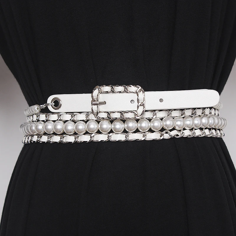 المرأة المدرج موضة اللؤلؤ سلسلة بولي Leather جلدية فستان Cummerbunds الكورسيهات زنار أحزمة الديكور ضيق حزام TB1727