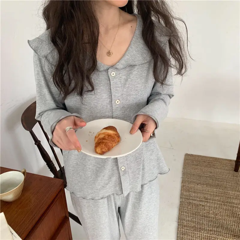 Pajama Sets Women Elegant Ins Stylish Home Wear Lounge Chic Simple Sleepwear Solid Comfortable Pj 2 Pieces Set Nighty Gray Sweet