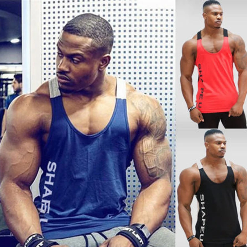 Men Solid Gym Stringer Tank Top Bodybuilding Fitness Singlets Muscle Vest Tees Sport Clothing