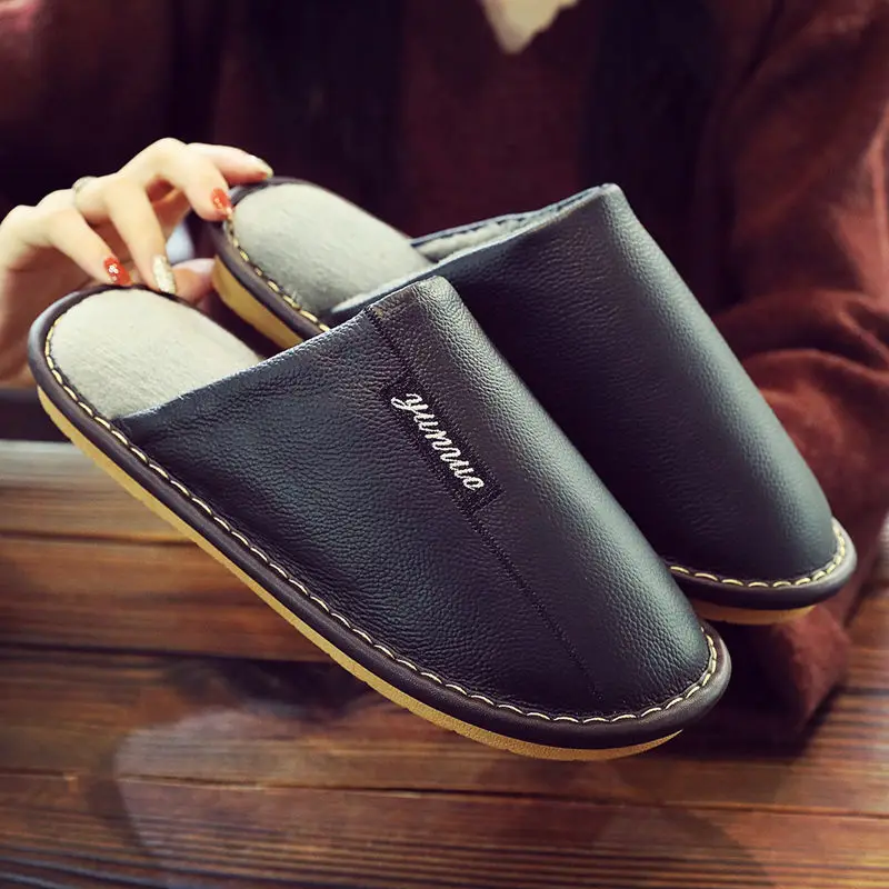 Autumn and winter cow skin cotton slippers men\'s and women\'s indoor antiskid warm waterproof couple leather cotton slippers