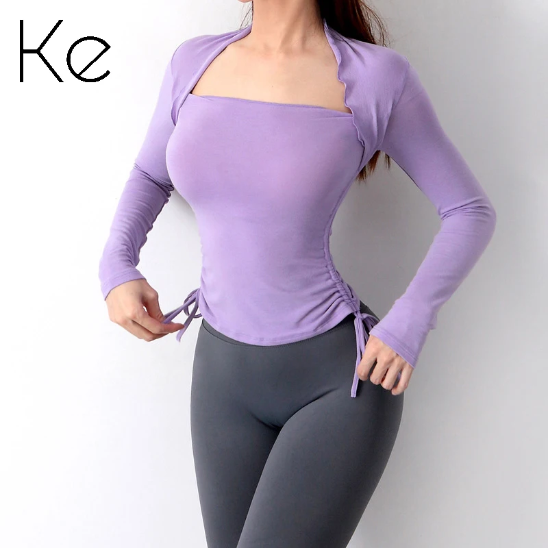 

KE641 Sexy sports t-shirt women's tight-fitting stretch thinner running training yoga long-sleeved lace-up fitness suit winter