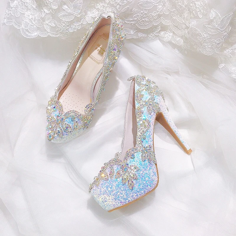 GOHYPDUG spring and autumn dreamy color rhinestone sequin wedding bridal shoes party round head high heel women\'s single