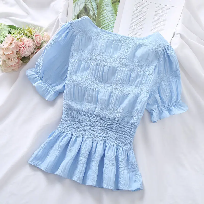 Blouses Women Candy Colors Ulzzang Kawaii Fashion Ins Preppy Clothing Summer Sweet Lovely Girls Slim 2021 Shirring Square Collar