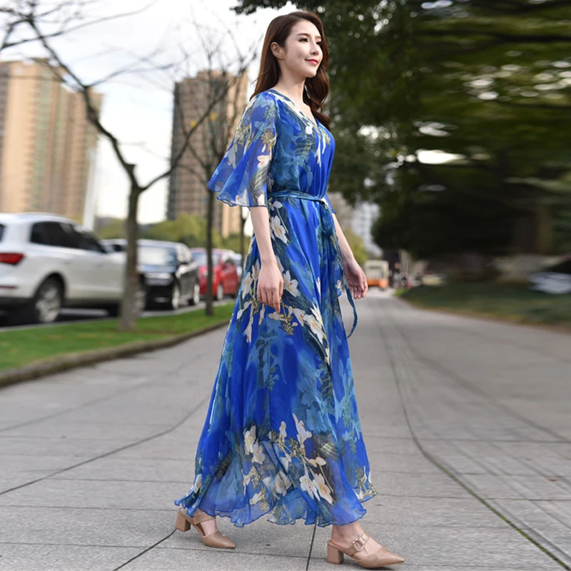 Vintage Chic Women Floral Print Beach Bohemian Maxi Dress Ladies scollo a V telai Chiffon Happie Boho Dress Vestidos Plus Size Robe