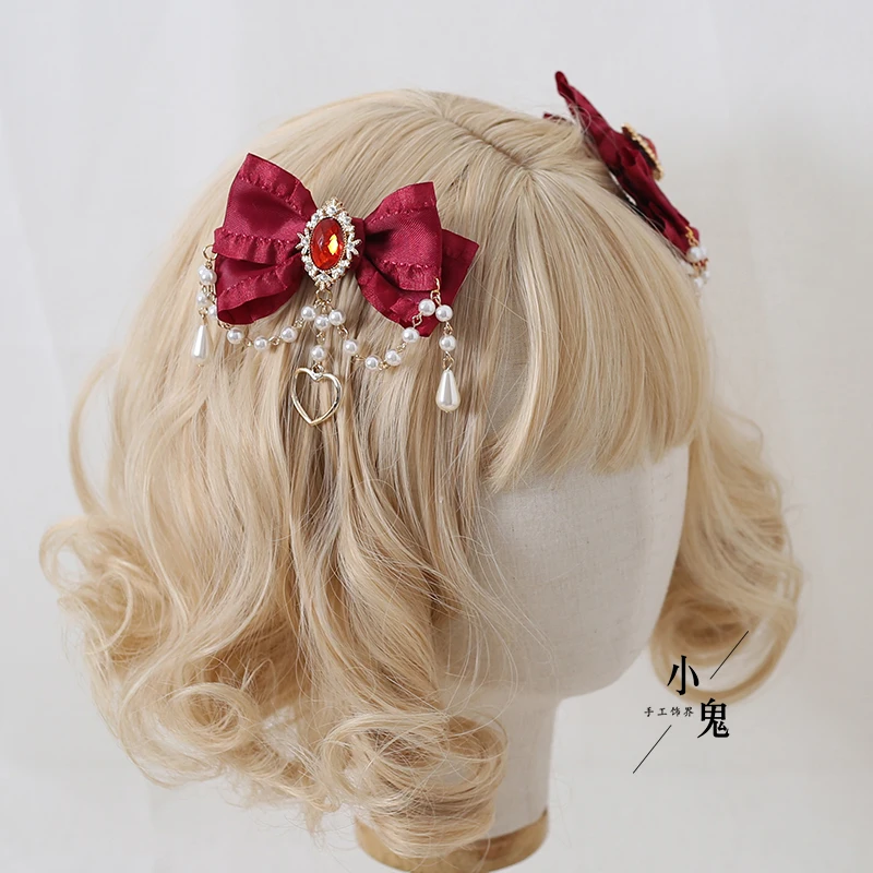 Horquilla Original de Lolita para fiesta de té, lazo dulce, cadena de perlas, tocado de princesa, Cosplay de Lolita, tocado de Halloween