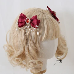 Original Hand-Made Tea Party Lolita Hairpin Cute Sweet Bow Pearl Chain Headwear Princess Cosplay Lolita Halloween Headdress