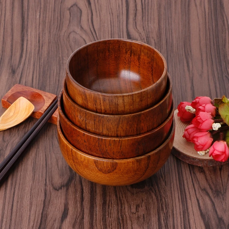 Natural Jujube Wooden Rice Soup Bowl Food Containter Kitchen Utensil Tableware L4MB