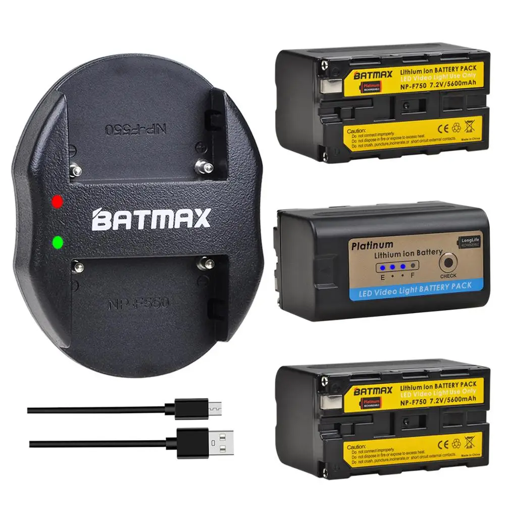 

Batmax NP-F750 NP-F770 F750 Battery with LED Indicators +USB Dual Charger for LED Video Light YN300Air II YN300 III YN600 L132T