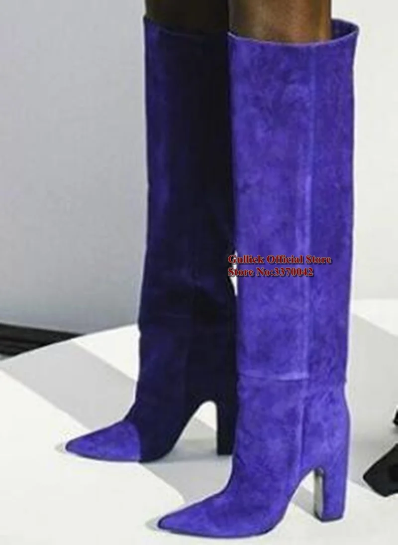 

Fashion Blue Suede Chunky Heels Boots Pointed Toe Stretch Fabric Pointed Toe Knee High Boots Slip on Winter Lont Boogs For Women