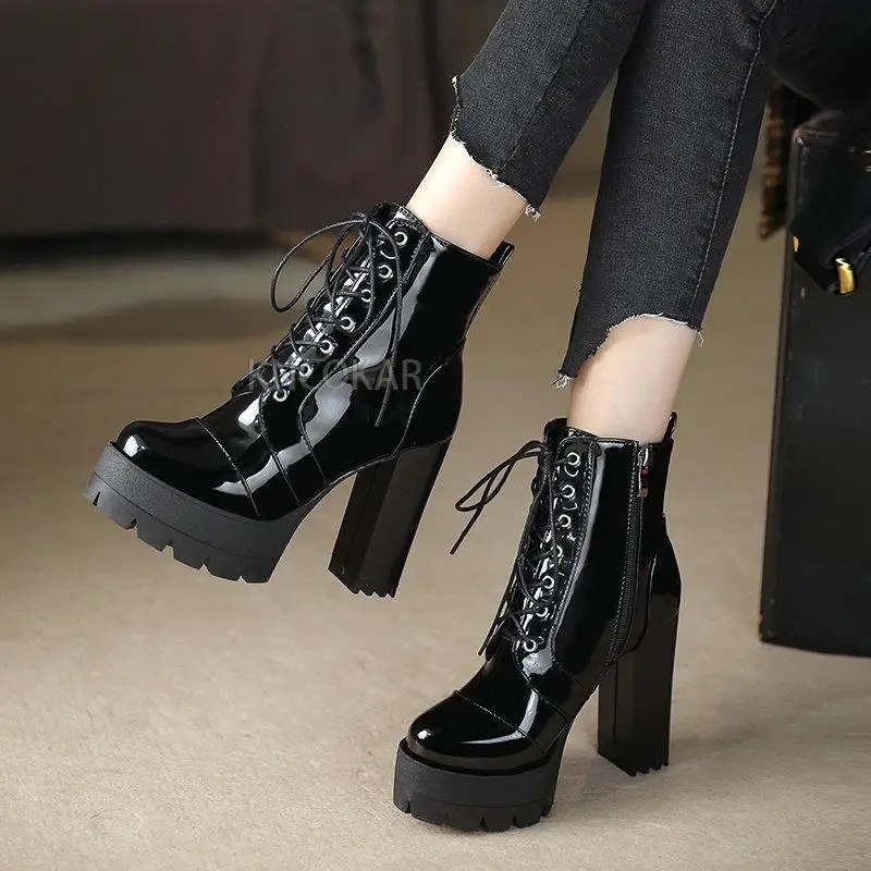 Autumn and winter super high-heeled short boots women\'s thick-heeled waterproof thick-soled patent leather boots