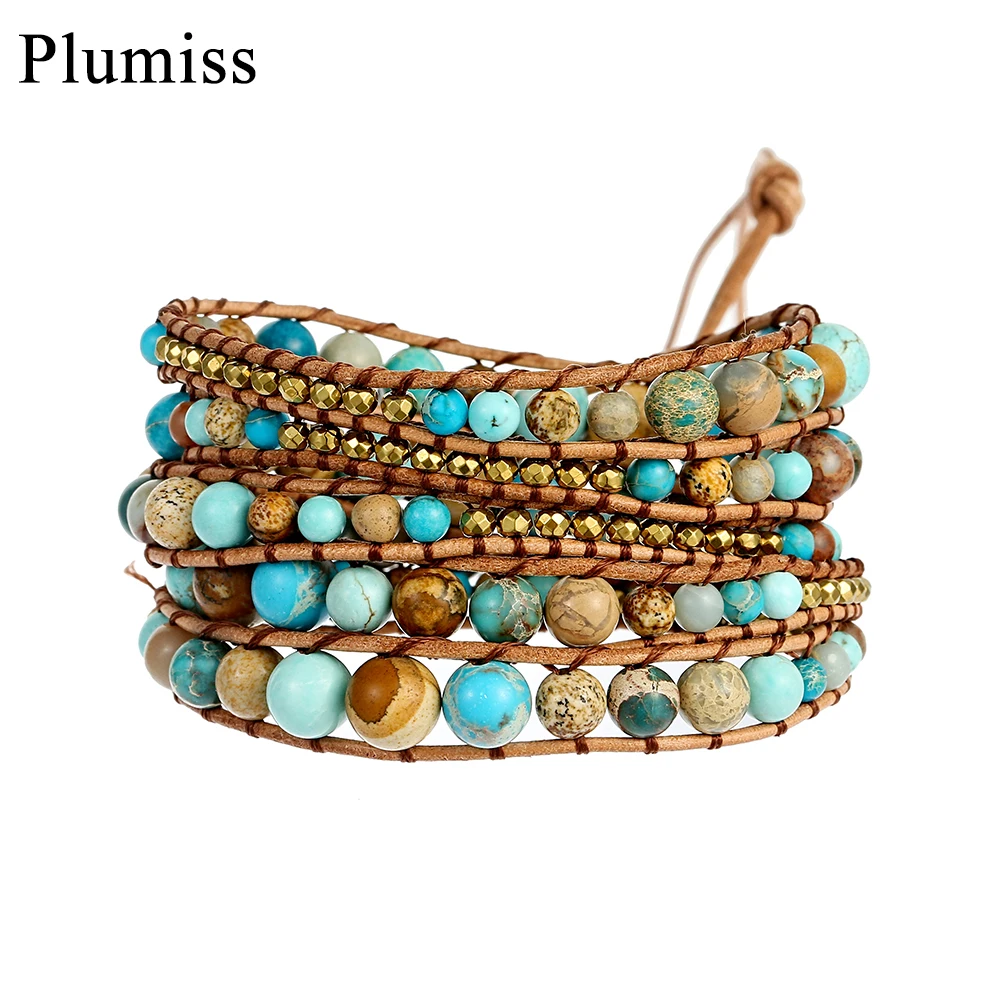 Ethnic Boho Leather Wrap Bracelet Multi Size Natural Stone Beads Bracelets for Women 5 Strands Times Fashion Jewelry