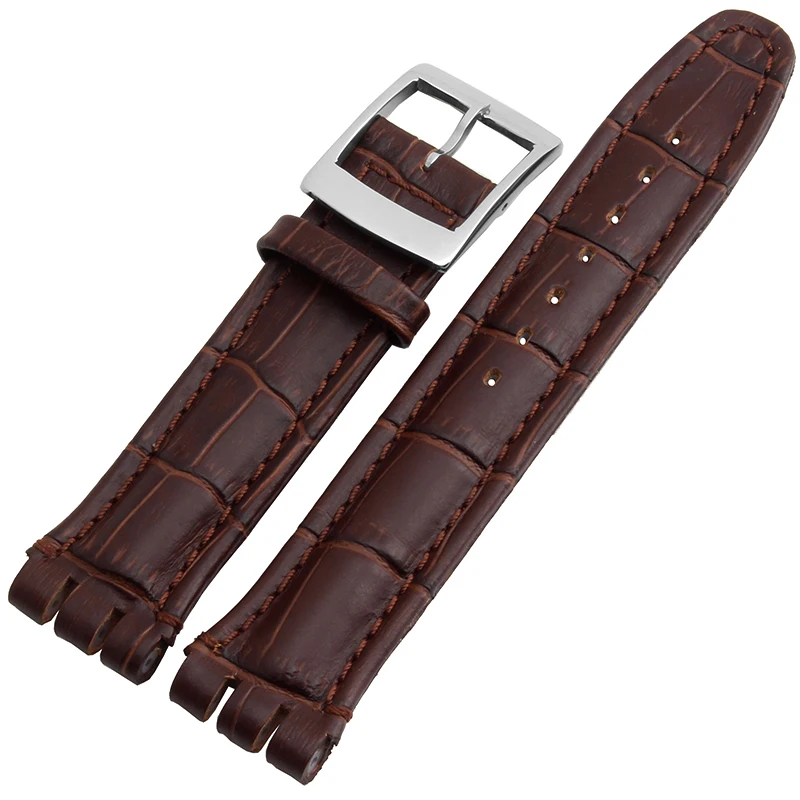 High Quality Luxury Black Brown 17mm 19mm Waterproof Genuine Leather Watch Strap Band For Swatch Alligator Pattern Leather Belt