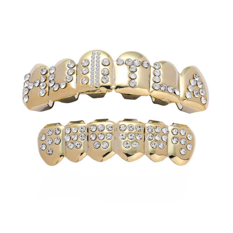 Cubic Zircon Hip Hop Teeth Grill Top & Bottom Grill Bling Hollow Vampire Teeth for Halloween