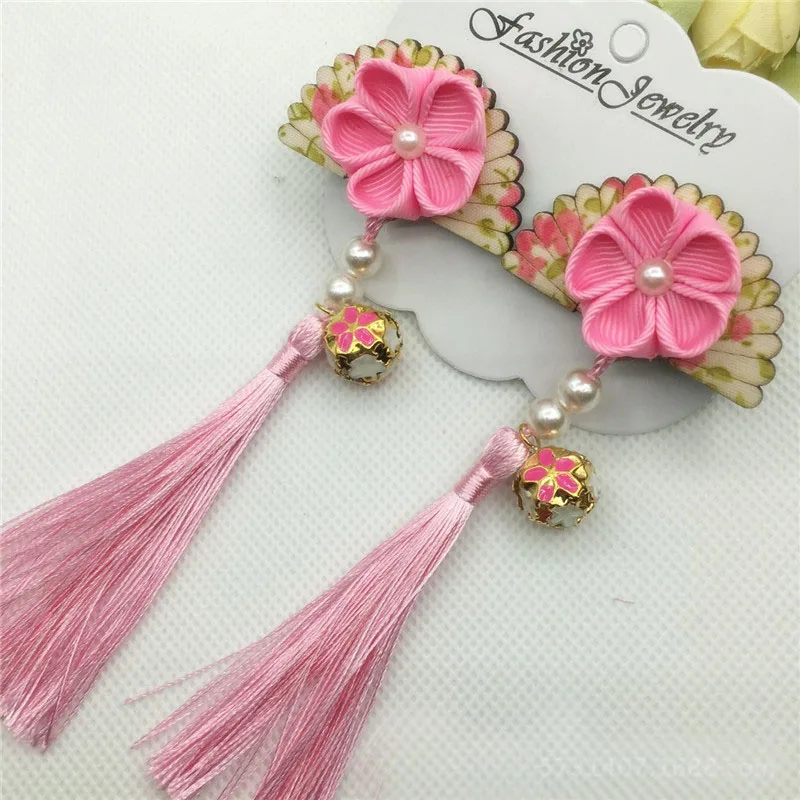 1 Pair Maru-Tsumami Kanzashi Flower Fan Shape Hair Clip Bell Traditional Japanese Style Kimono Accessory Outfit HW048