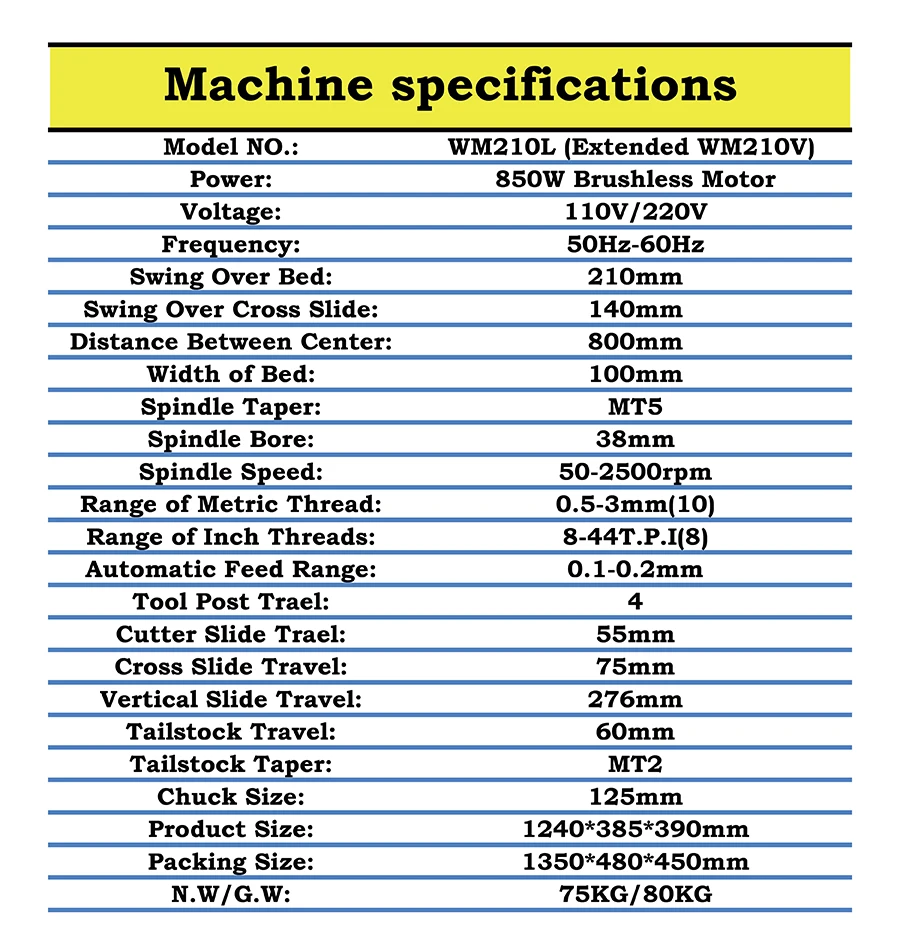 Torno de Metal WM210L (WM210V extendido), Motor sin escobillas de 850W, torno de engranaje de acero de 800mm de longitud de Trabajo + máquina de torno de mandril de 125mm