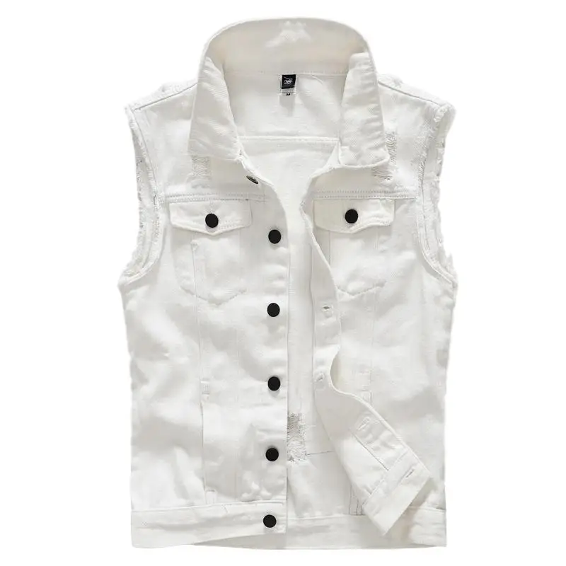 

Idopy Korean Men`s White Denim Vest Ripped Distressed Waistcoat Jeans Sleeveless Jacket For Male Plus Size M-5XL