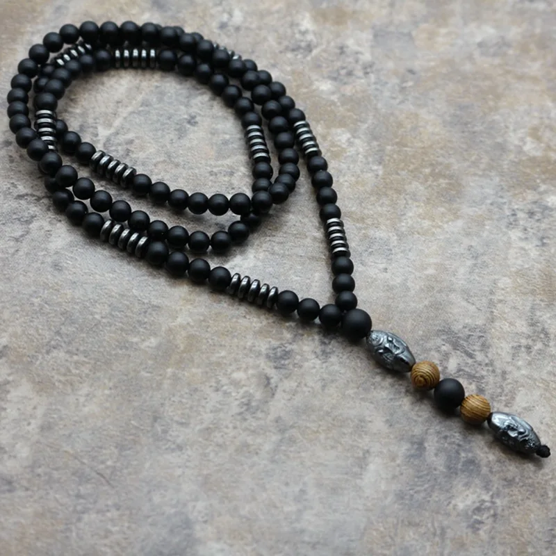 Neues Design 6mm Naturstein schnitzen Perlen Halskette Männer schwarz Hämatit lange Halskette alten Mann Kopf Anhänger Halskette Schmuck PQ-05 – Detail 1